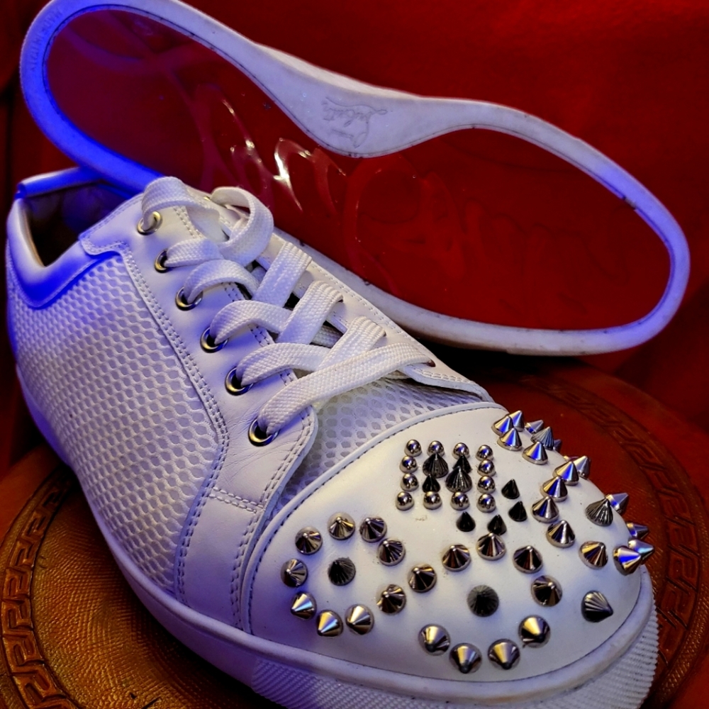 CHRISTIAN LOUBOUTIN Ac Louis Junior Spikes Mesh And Leather Trainers In White